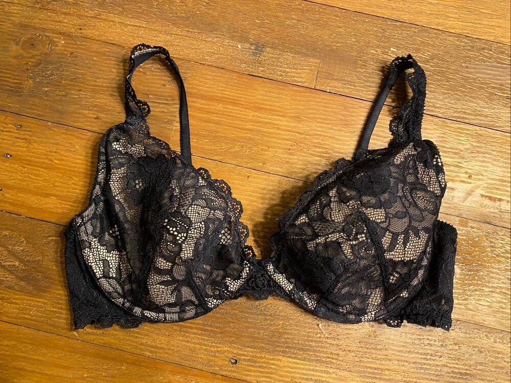 Victoria’s Secret 36C Plunge Vintage lingerie bra black nude lace